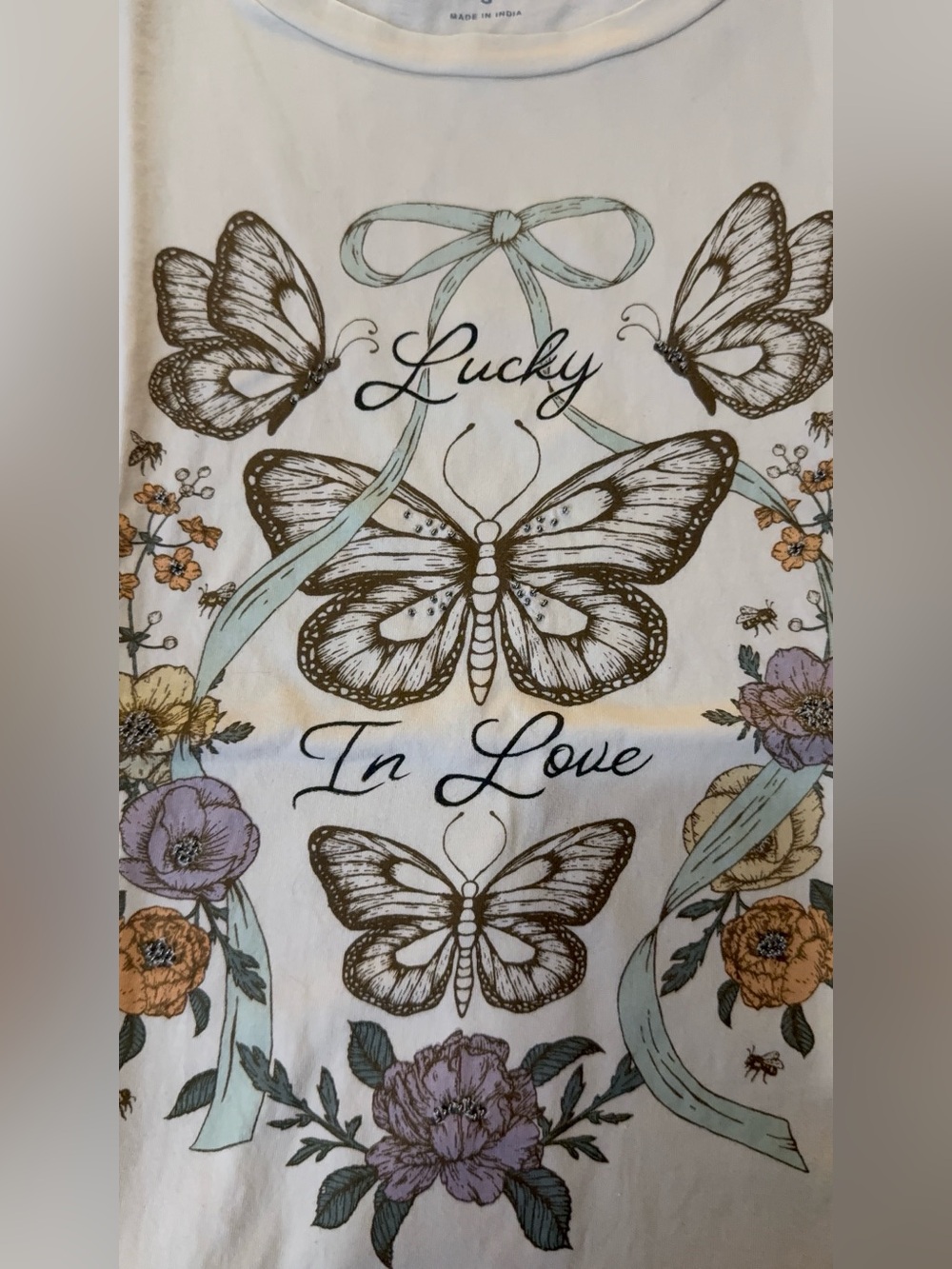 Butterfly 'Lucky In Love' Floral Tee — White with Brown & Pastel Accents